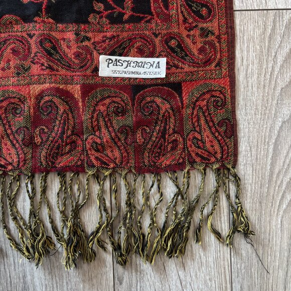 Floral Paisley Silk Pashmina Shawl Reversible Scarf Red Black Boho Maximalism - Picture 10 of 15